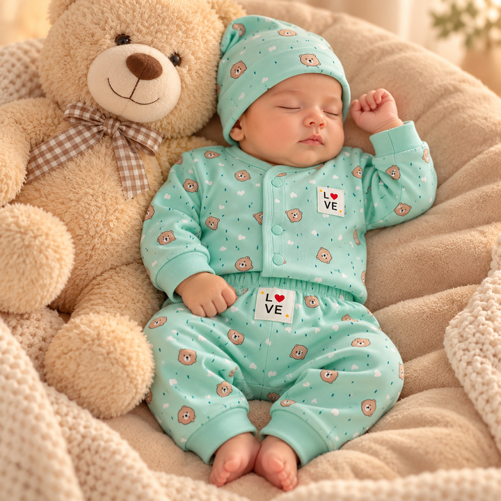 Baby Naturelle Love Cotton Knit Front Open Full Sleeves Co-ord T-Shirt & Pajama Suit with Cap - Green