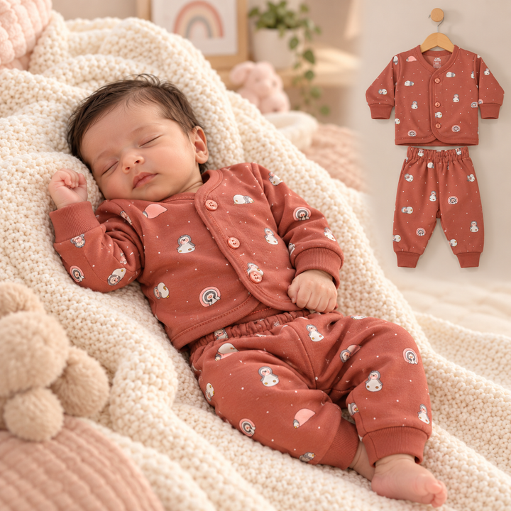 Pink Rabbit Preemie Cotton-Rich Knitted Full Sleeves Open-Front Vest & Pant Suit – 37 cm (Rust)