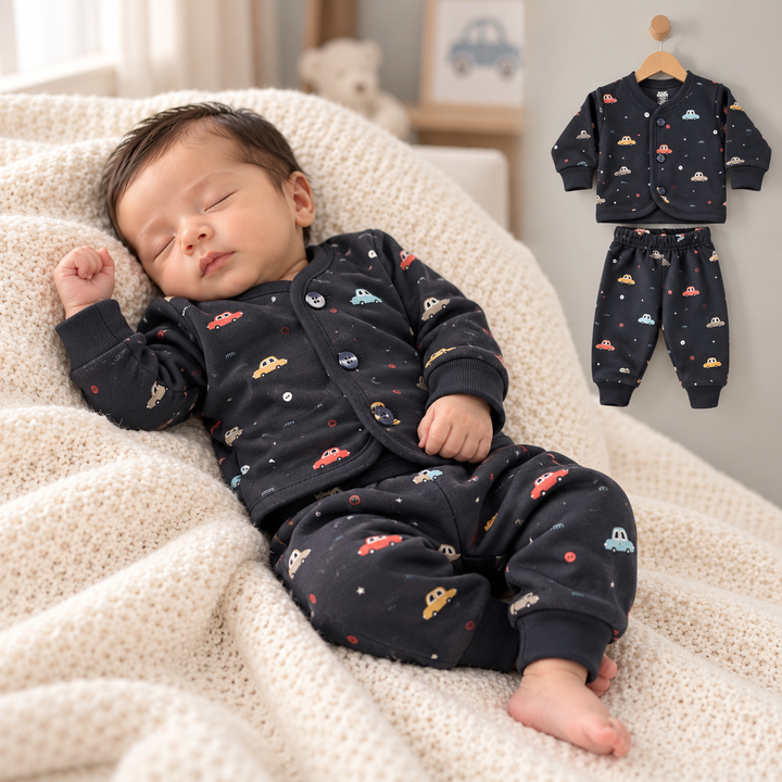 Pink Rabbit Preemie Cotton-Rich Knitted Full Sleeves Open-Front Vest & Pant Suit – 37 cm ( Dark Grey)