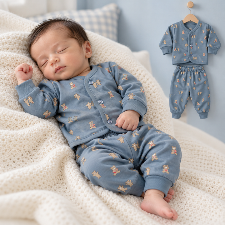 Pink Rabbit Preemie Cotton-Rich Knitted Full Sleeves Open-Front Vest & Pant Suit – 37 cm (M. Blue)