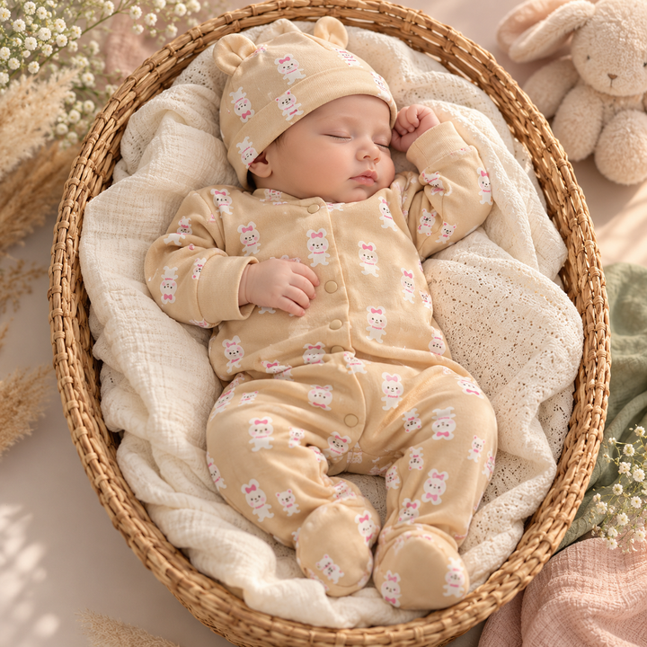 Baby Naturelle Cotton Knit Newborn Romper with Cap - Beige