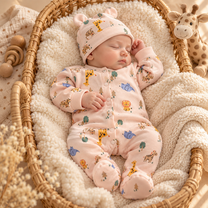 Baby Naturelle Cotton Knit Newborn Romper with Cap - Pink
