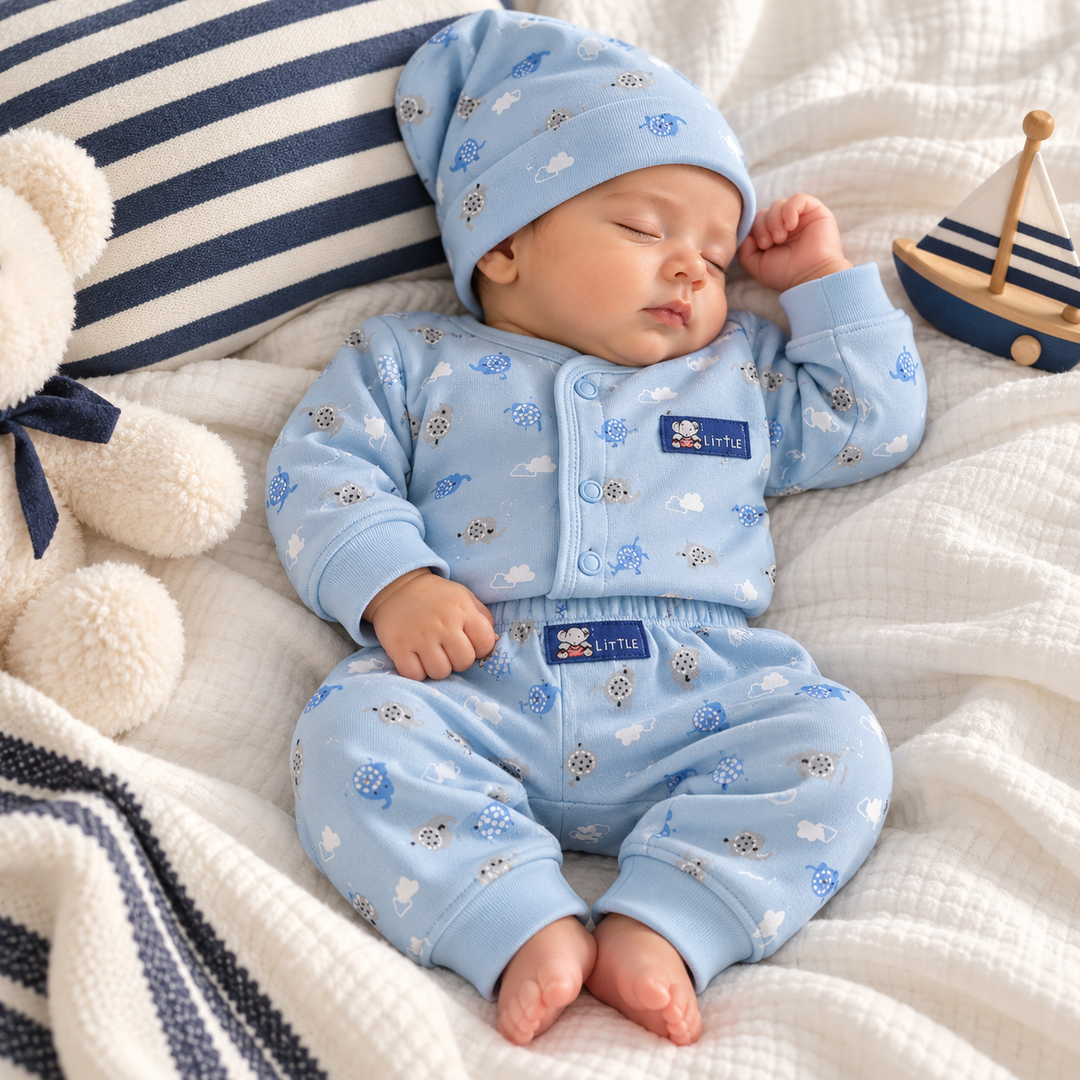 Baby Naturelle Cotton Knit Front Open Full Sleeves Co-ord T-Shirt & Pajama Suit with Cap - Blue Elephant