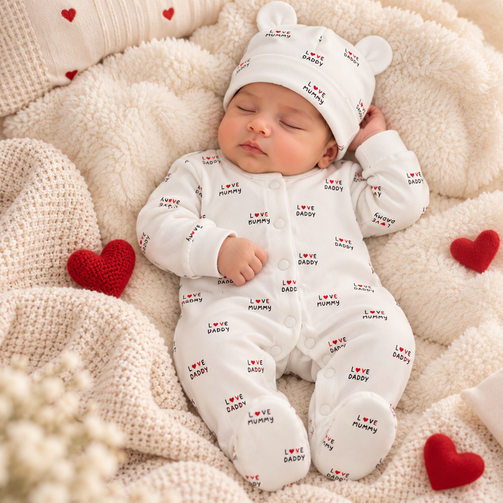 Baby Naturelle Love Daddy Cotton Knit Newborn Romper with Cap - White