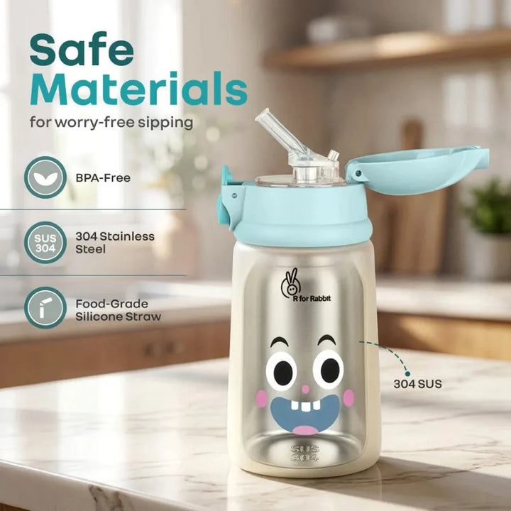R for Rabbit Stainless Steel Straw Sipper Bottle with 304 Double Wall Insulation - 300ml | Steebo Smiley Blue