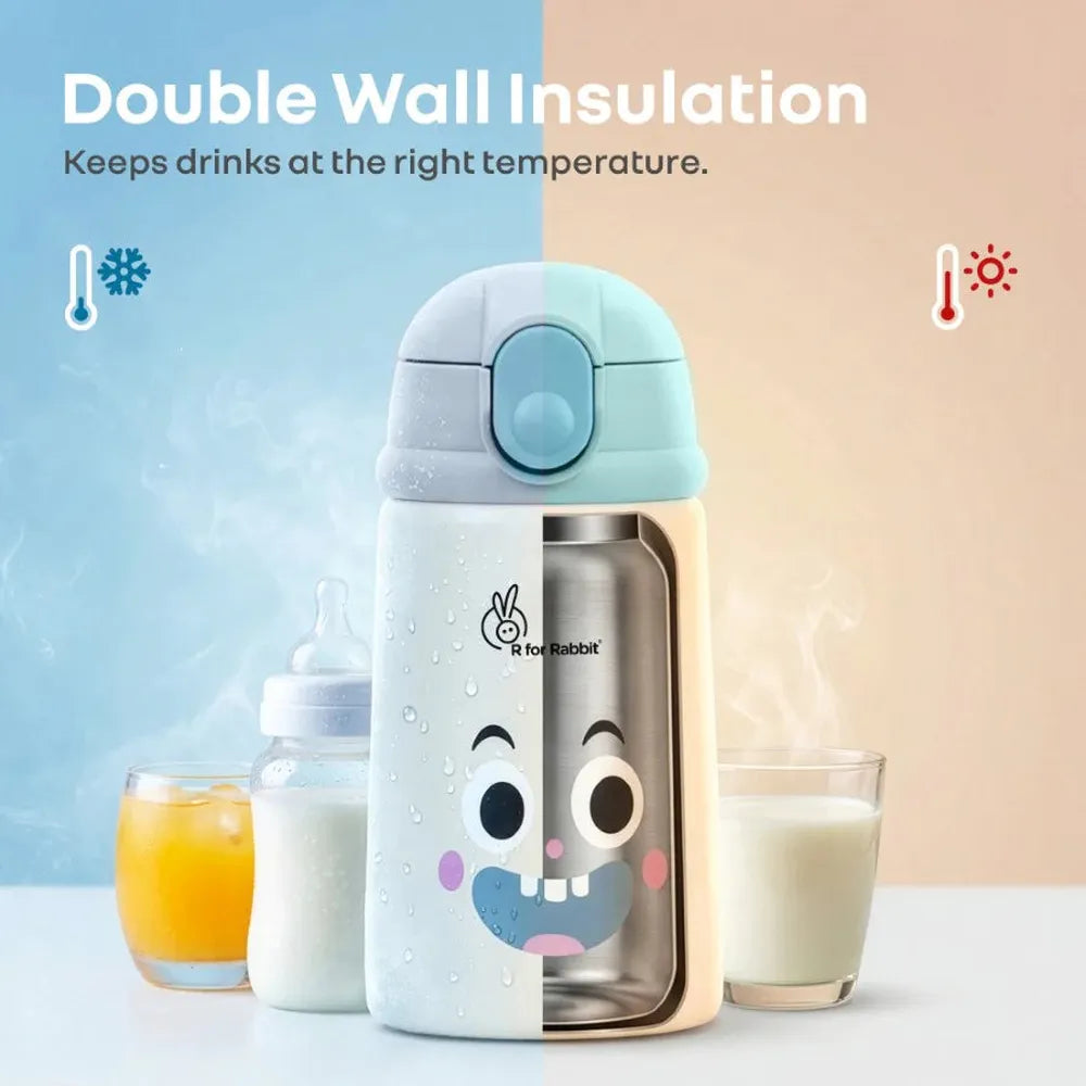 R for Rabbit Stainless Steel Straw Sipper Bottle with 304 Double Wall Insulation - 300ml | Steebo Smiley Blue