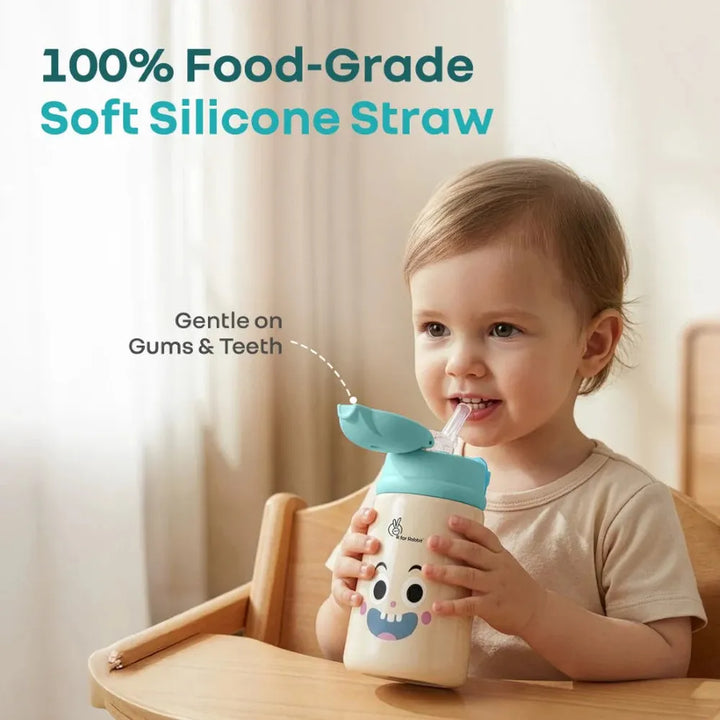 R for Rabbit Stainless Steel Straw Sipper Bottle with 304 Double Wall Insulation - 300ml | Steebo Smiley Blue