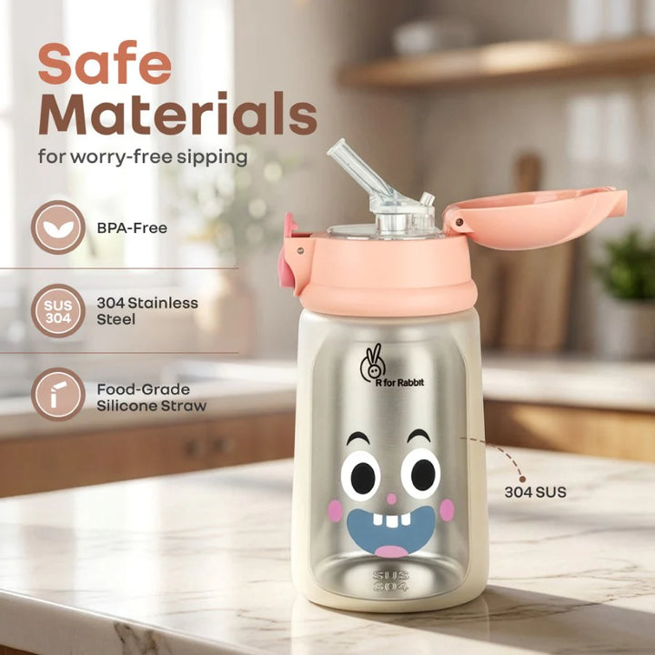 R for Rabbit Steebo Smiley Peach Stainless Steel Straw Sipper Bottle - 300ml | Smiley Peach