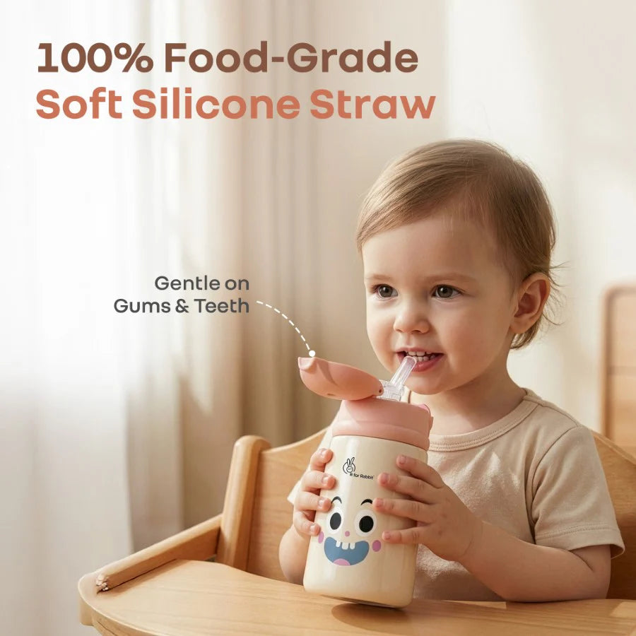 R for Rabbit Steebo Smiley Peach Stainless Steel Straw Sipper Bottle - 300ml | Smiley Peach