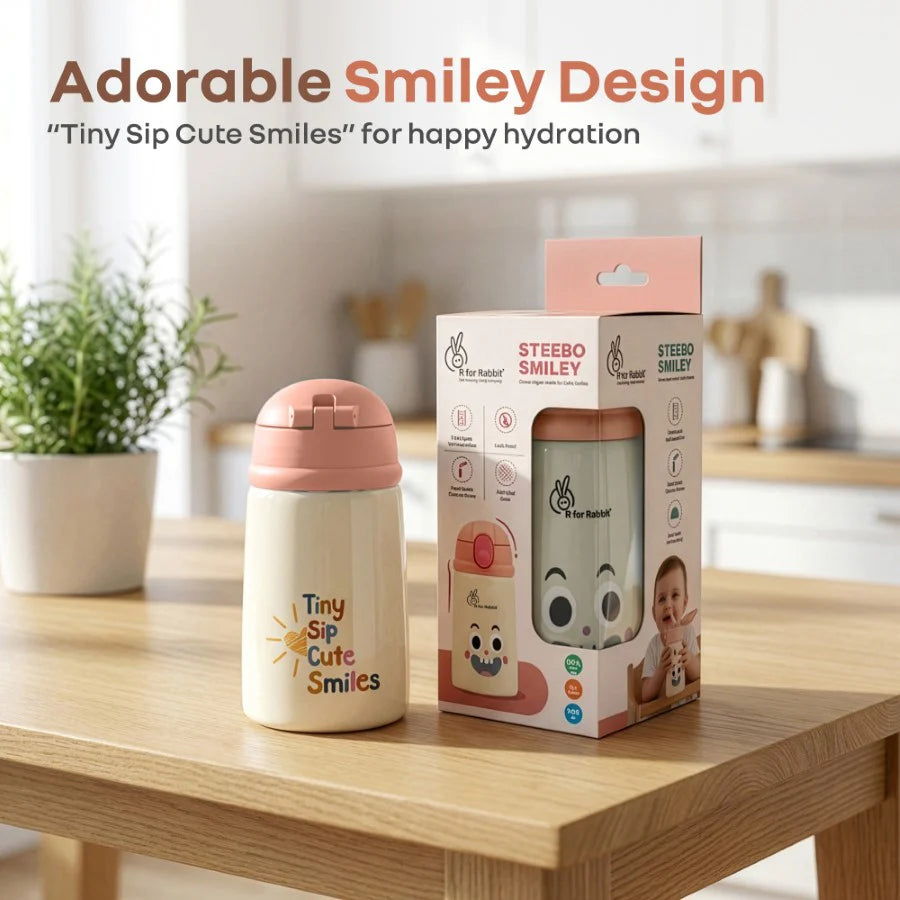 R for Rabbit Steebo Smiley Peach Stainless Steel Straw Sipper Bottle - 300ml | Smiley Peach