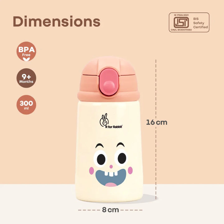 R for Rabbit Steebo Smiley Peach Stainless Steel Straw Sipper Bottle - 300ml | Smiley Peach