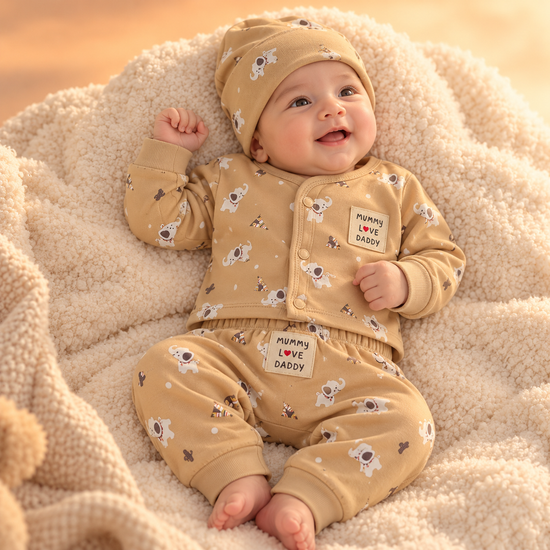Baby Naturelle Mummy Love Daddy Cotton Knit Front Open Full Sleeves Co-ord T-Shirt & Pajama Suit with Cap - Beige
