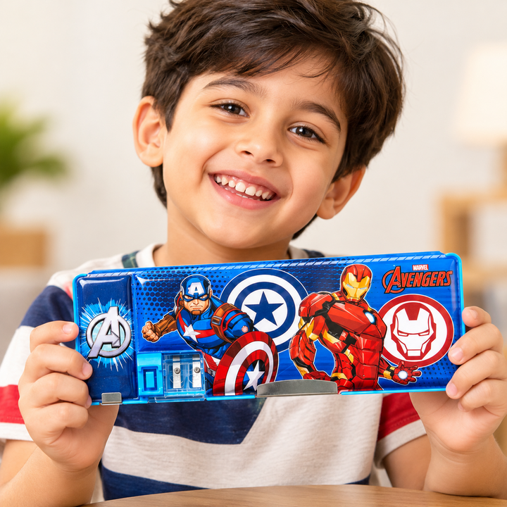 Licensed Marvel Avengers Double-Sided Pencil Box with Built-in Sharpener for Kids | School Stationery Organizer
