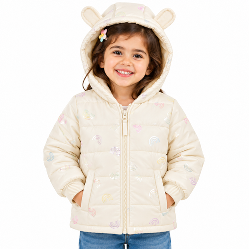 Mi Arcus White Jacket with Hood, Zip-Up Front & Ribbed Cuffs