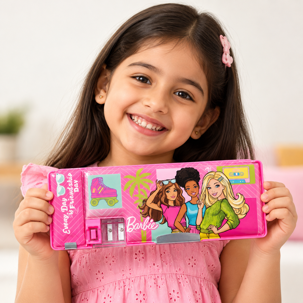 Licensed Barbie Double-Sided Pencil Box with Built-in Sharpener for Kids | School Stationery Organizer