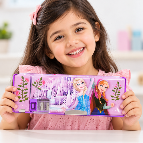 Licensed Disney Frozen Double-Sided Pencil Box with Built-in Sharpener for Kids | School Stationery Organizer