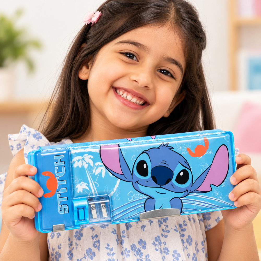 Licensed Disney Stitch Double-Sided Pencil Box with Built-in Sharpener for Kids | School Stationery Organizer