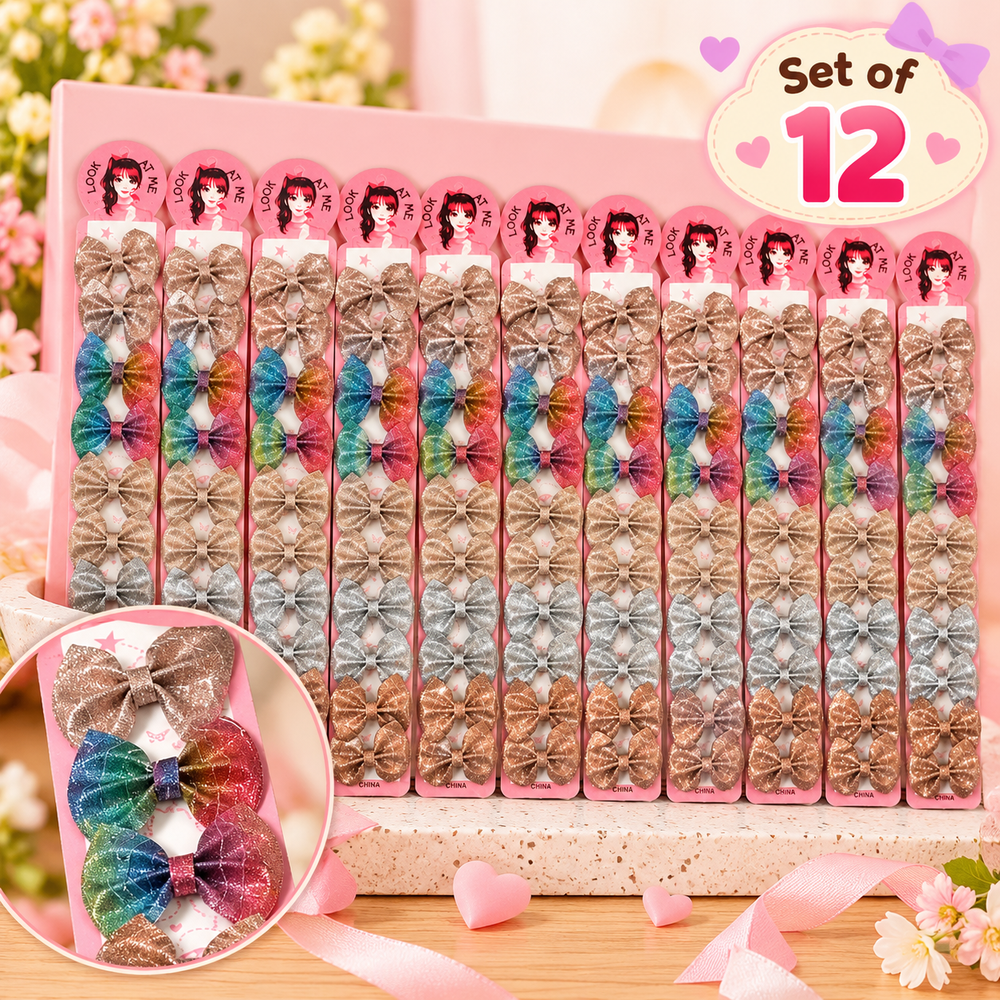 Set of 12 Sparkling Bow Sets – 10 Pieces Each in Assorted Colours | Glittery Hair Accessories for Girls | Kanjak Special