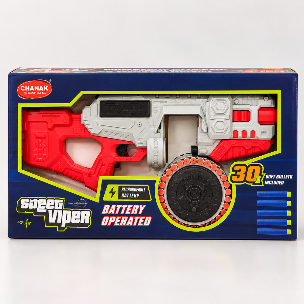 Chanak Battery Operated Motorized Dart Blaster - Street Viper | 30 Foam Bullets, 40 Feet Range | Red-Grey