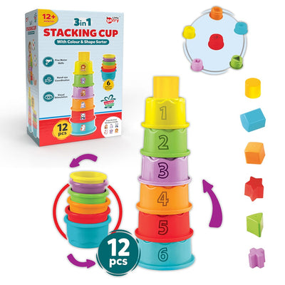 3-in-1 Stacking Cup Set with Shape & Colour Sorter - Baby & Toddler Activity Toy
