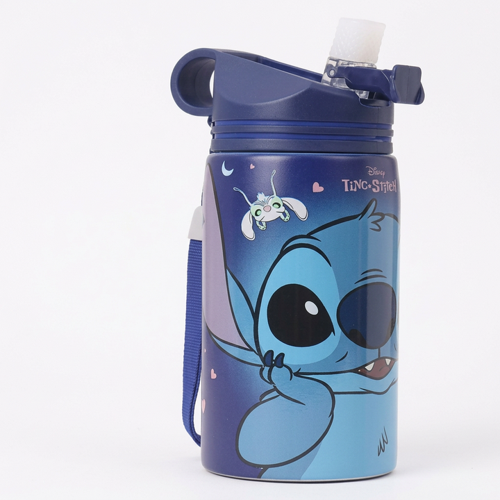 Disney Stitch Water Bottle 500ml – Blue | Sipper Bottle with Flip-Top Straw Lid | Carry Handle & Wrist Strap | Kids Water Bottle