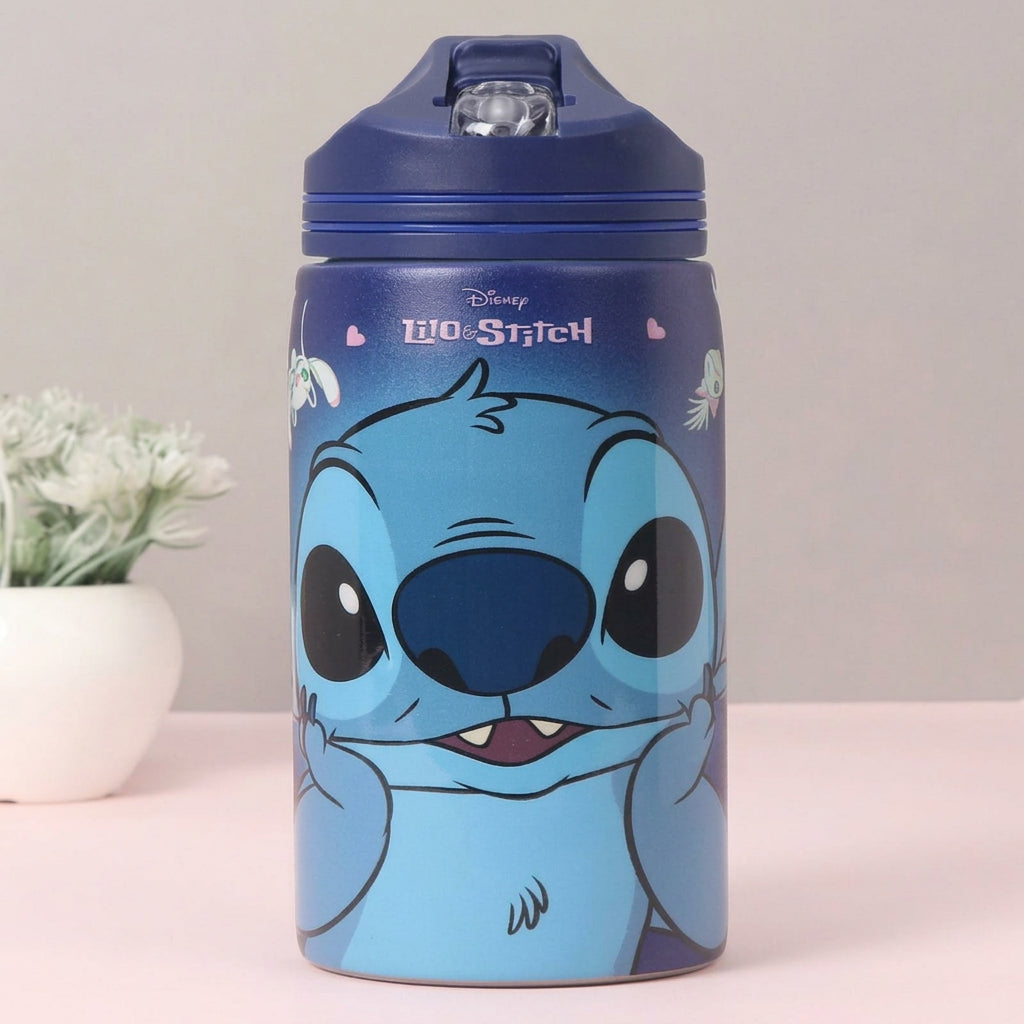 Disney Stitch Water Bottle 500ml – Blue | Sipper Bottle with Flip-Top Straw Lid | Carry Handle & Wrist Strap | Kids Water Bottle