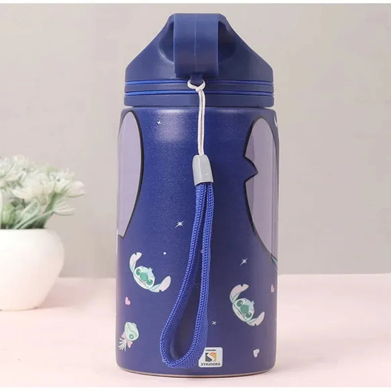 Disney Stitch Water Bottle 500ml – Blue | Sipper Bottle with Flip-Top Straw Lid | Carry Handle & Wrist Strap | Kids Water Bottle