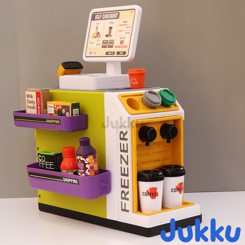 Jukku 50 Pieces Supermarket play Set with Real Water Dispenser and Pretend Scanner (3-8 Years)