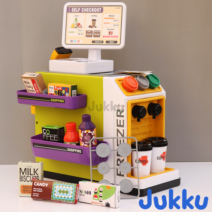Jukku 50 Pieces Supermarket play Set with Real Water Dispenser and Pretend Scanner (3-8 Years)