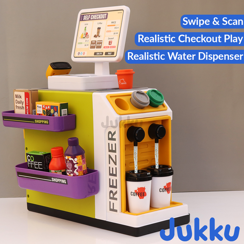 Jukku 50 Pieces Supermarket play Set with Real Water Dispenser and Pretend Scanner (3-8 Years)