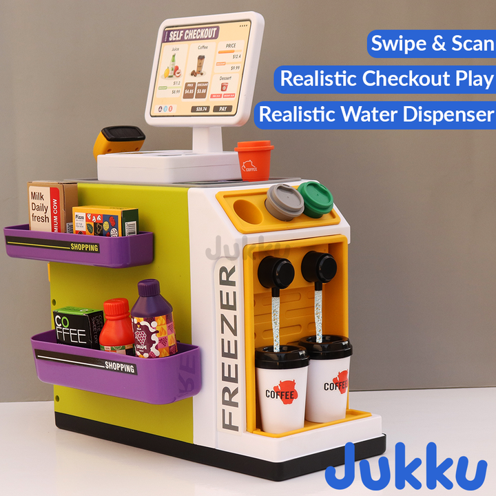 Jukku 50 Pieces Supermarket play Set with Real Water Dispenser and Pretend Scanner (3-8 Years)