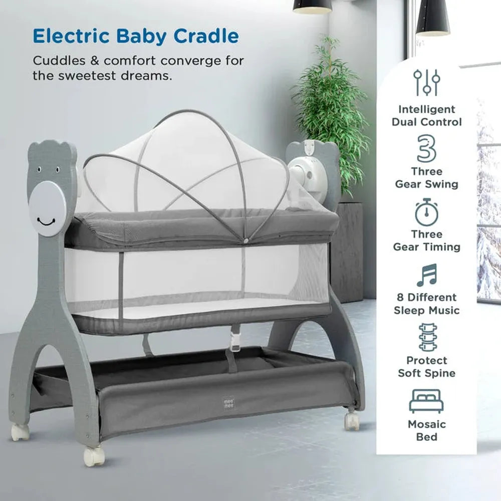 Mee Mee Automatic Sweet Love Baby Cradle | 3-Level Battery Operated Swing with Remote Control | Mosquito Net, Music, Night Light & Bluetooth- Grey