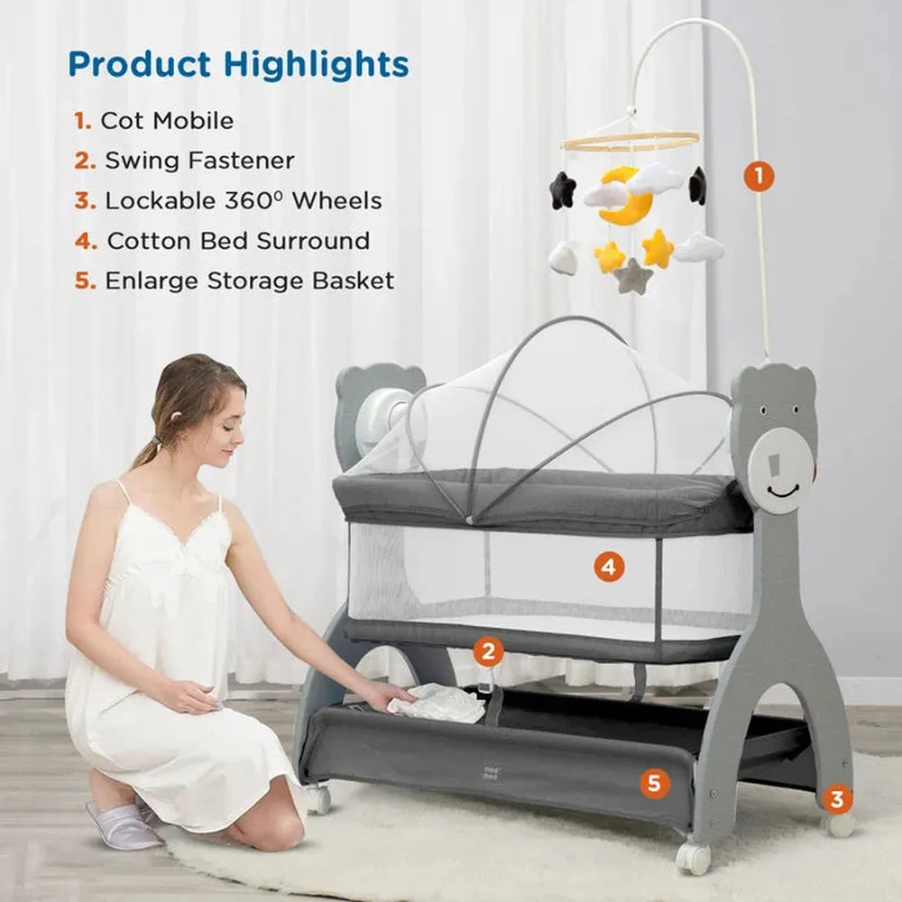 Mee Mee Automatic Sweet Love Baby Cradle | 3-Level Battery Operated Swing with Remote Control | Mosquito Net, Music, Night Light & Bluetooth- Grey