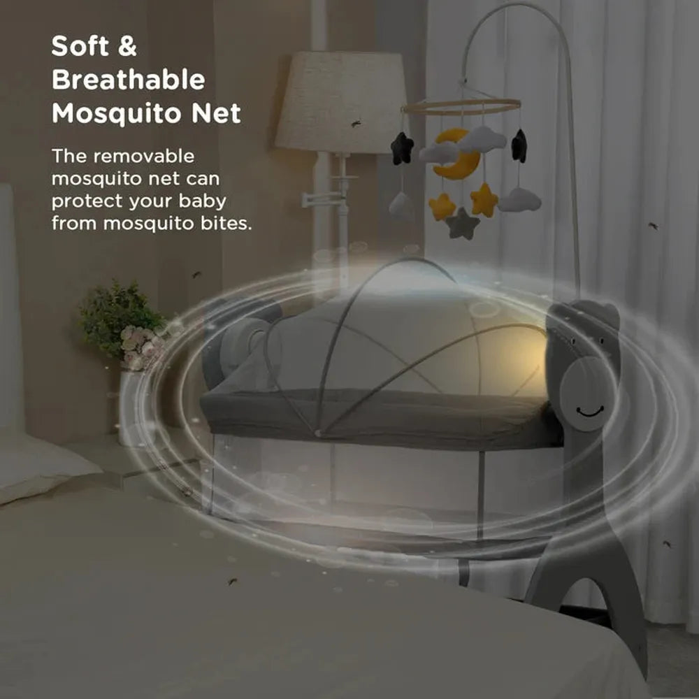 Mee Mee Automatic Sweet Love Baby Cradle | 3-Level Battery Operated Swing with Remote Control | Mosquito Net, Music, Night Light & Bluetooth- Grey