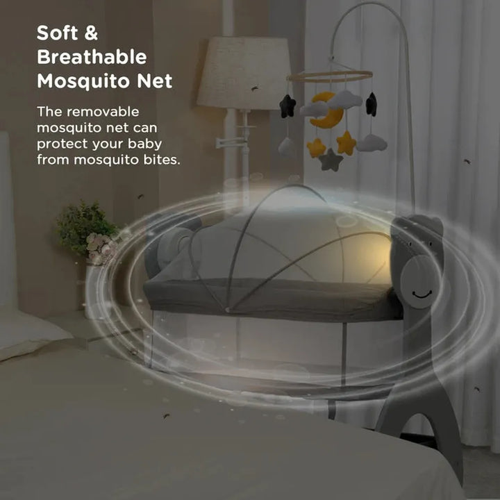 Mee Mee Automatic Sweet Love Baby Cradle | 3-Level Battery Operated Swing with Remote Control | Mosquito Net, Music, Night Light & Bluetooth- Grey