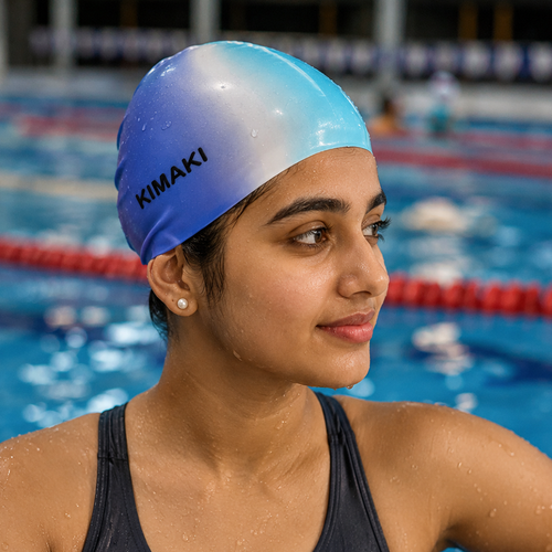Kimaki Silicone Swimming Cap - Stretchable, Comfortable & Water-Resistant | Puple & Blue
