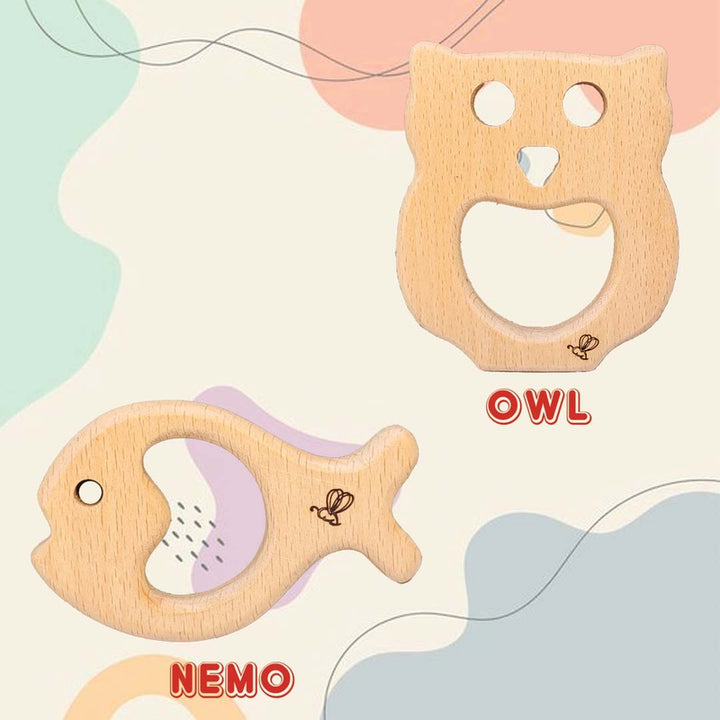 Wooden Teether (6-12 Months) | Owl & Nemo Fish