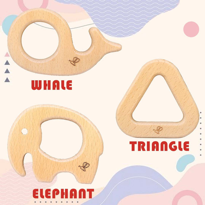 Set of 3 Wooden Teether (6-12 Months) | Elephant, Whale & Triangular