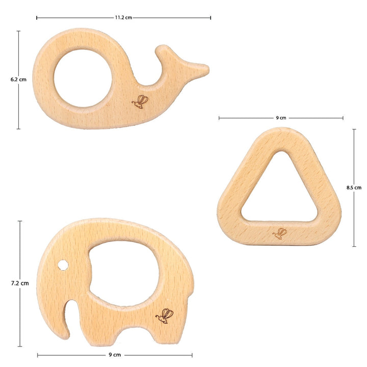 Set of 3 Wooden Teether (6-12 Months) | Elephant, Whale & Triangular