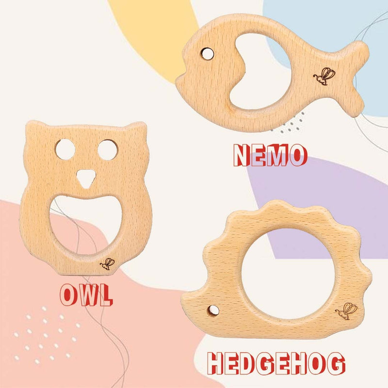 Owl, Hedgehog & Nemo Fish Wooden Teether