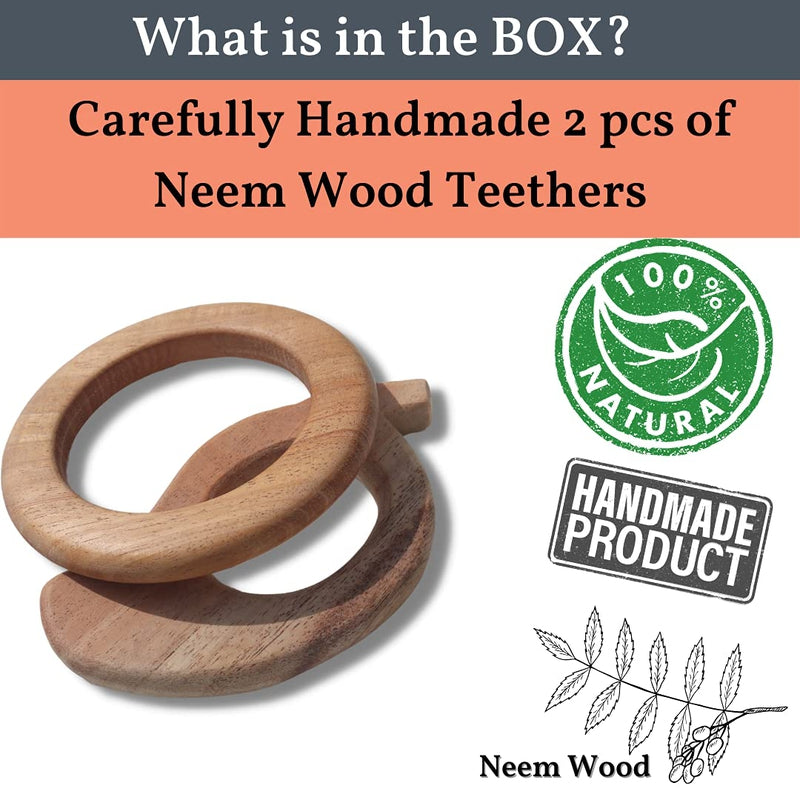 Neem Wooden Tethers Shaped Like Ring and Mango, Brown for Babies Handmade and Safe (Circle)