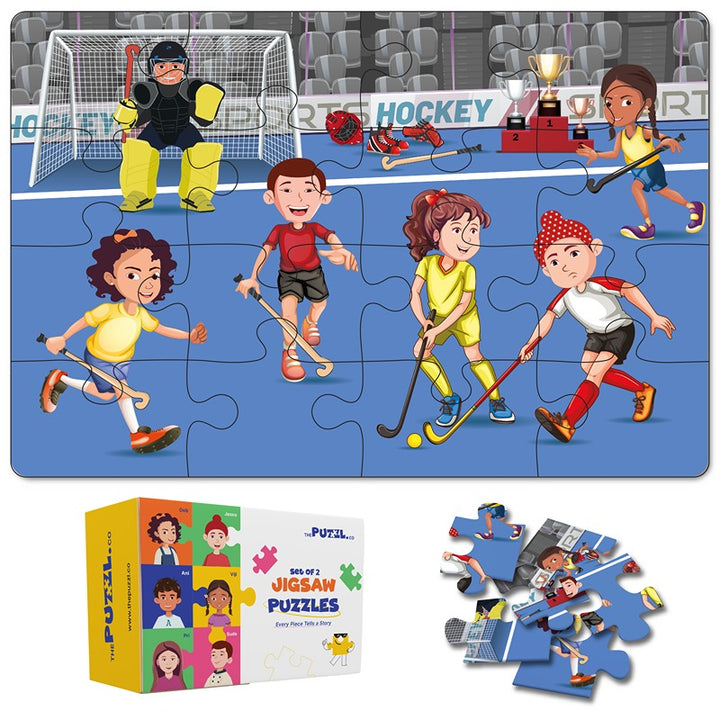 Sports Set of 2 Jigsaw Puzzles - Cricket + Hockey