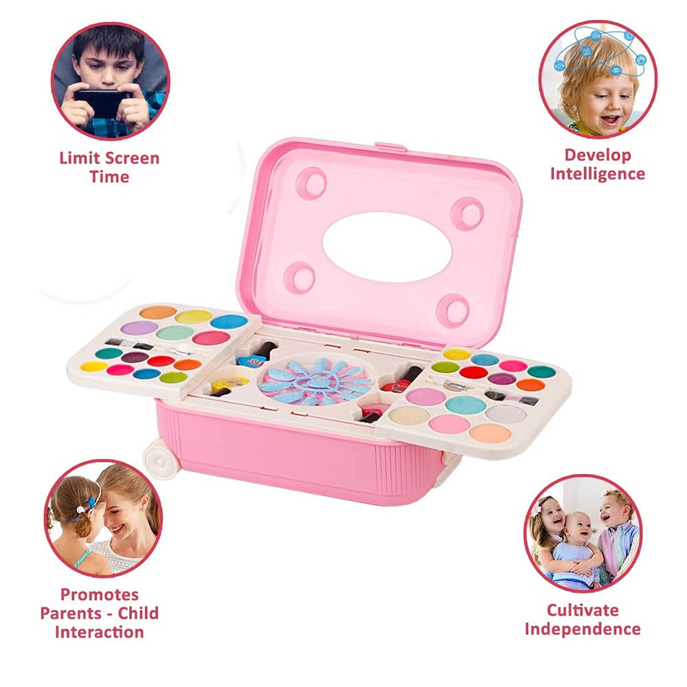 2 in 1 Cosmetic Makeup Palette and Nail Art Kit for Kids with Portable Trolly Bag