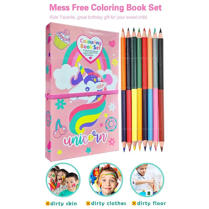 Unicorn Theme Cartoon Colouring Book with 8 Double Side Colour Pencils