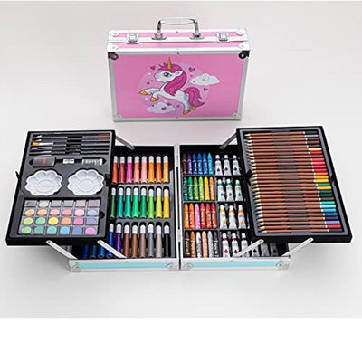 145-Piece Art Supplies Set Featuring Unicorn Design in Pink - Deluxe Studio Drawing and Painting Kit Housed in a Portable Aluminum Case