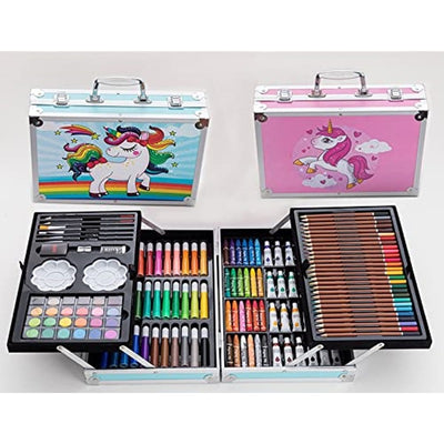 145-Piece Art Supplies Set Featuring Unicorn Design in Pink - Deluxe Studio Drawing and Painting Kit Housed in a Portable Aluminum Case