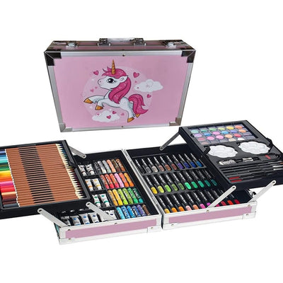 145-Piece Art Supplies Set Featuring Unicorn Design in Pink - Deluxe Studio Drawing and Painting Kit Housed in a Portable Aluminum Case