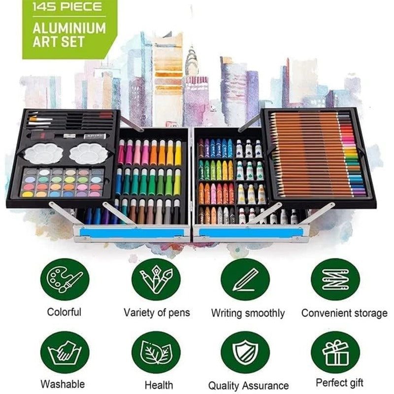 145-Piece Art Supplies Set with Astronaut Design - Drawing and Painting Kit Stored in a Portable Aluminum Case