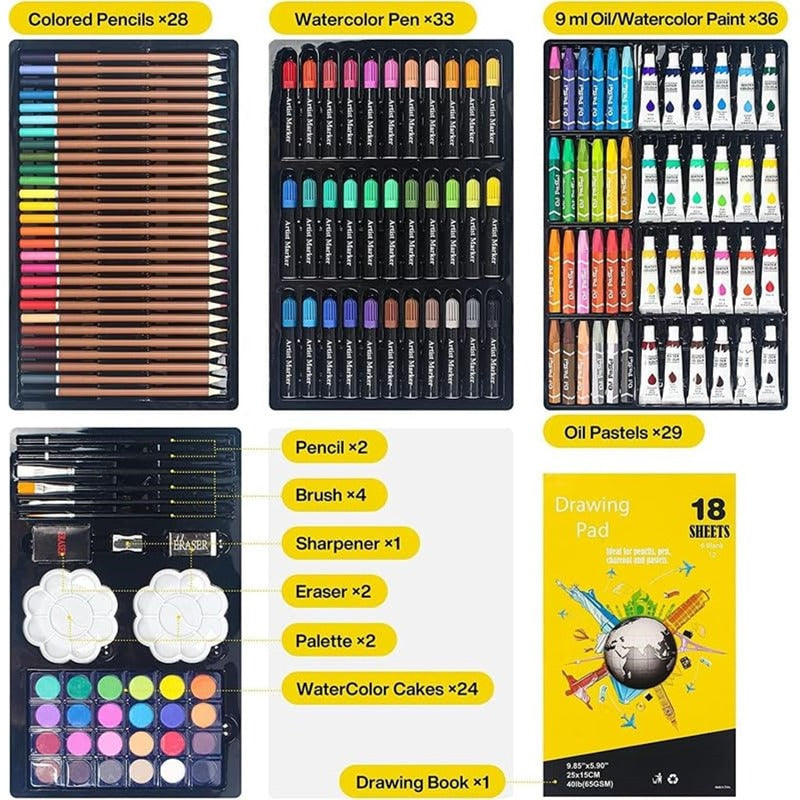 145-Piece Art Supplies Set with Astronaut Design - Drawing and Painting Kit Stored in a Portable Aluminum Case