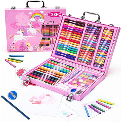 128-Piece Pink Painting Set in Portable Briefcase for All Ages (Pink)